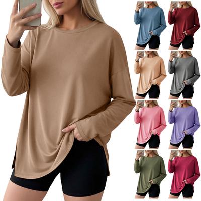 Women Casual Loose Fit Long Sleeve T Shirt Split Hem Crew Neck Plain Pullover Top Lightweight Comfortable Fabric