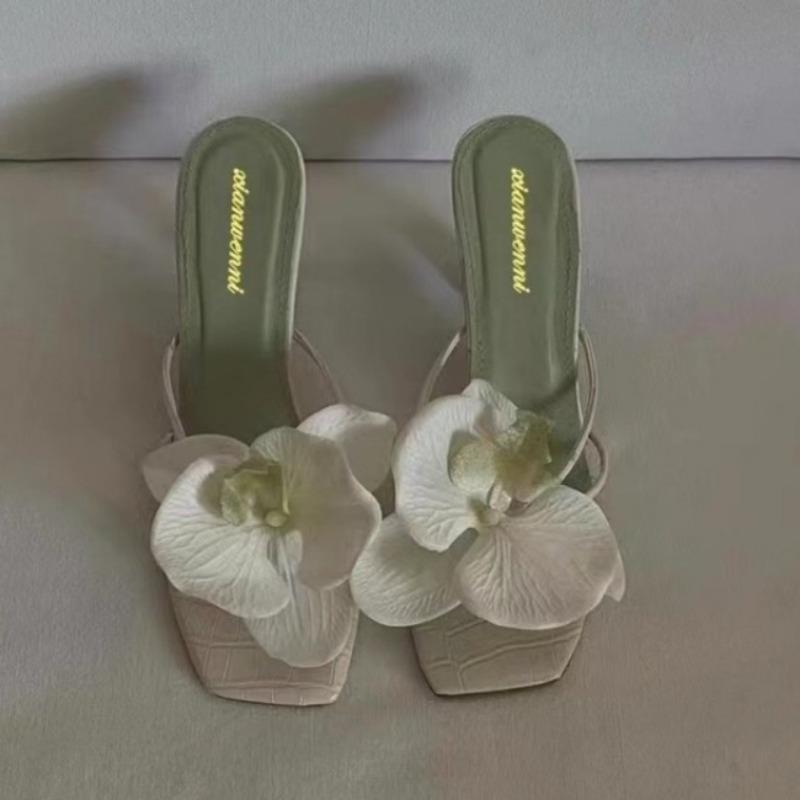 New Summer Stiletto Sandals Women's Square Head Open Toe Thin with Flowers Slip-on High-heeled Slippers