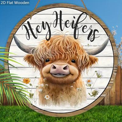 Panneau de Bienvenue en Bois avec Motif Vache Highland - Plaque Décorative Rustique pour Ferme, Porte d'Entrée, Porche, Décorations de Fêtes