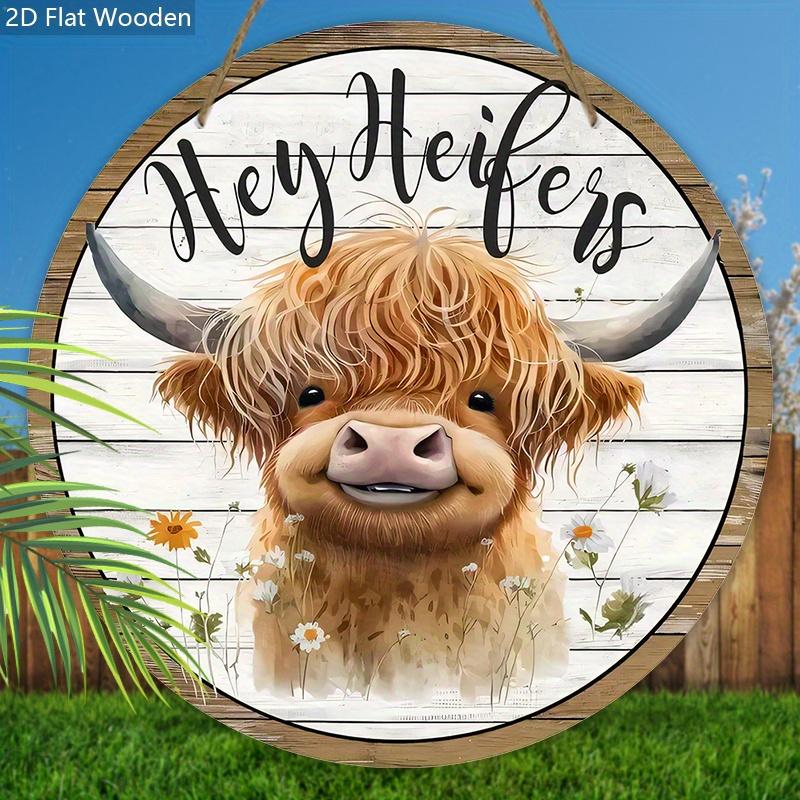 Wooden Welcome Sign with Highland Cattle Design - Rustic Decorative Plaque for Farmhouse, Front Door, Porch, Holiday Decorations