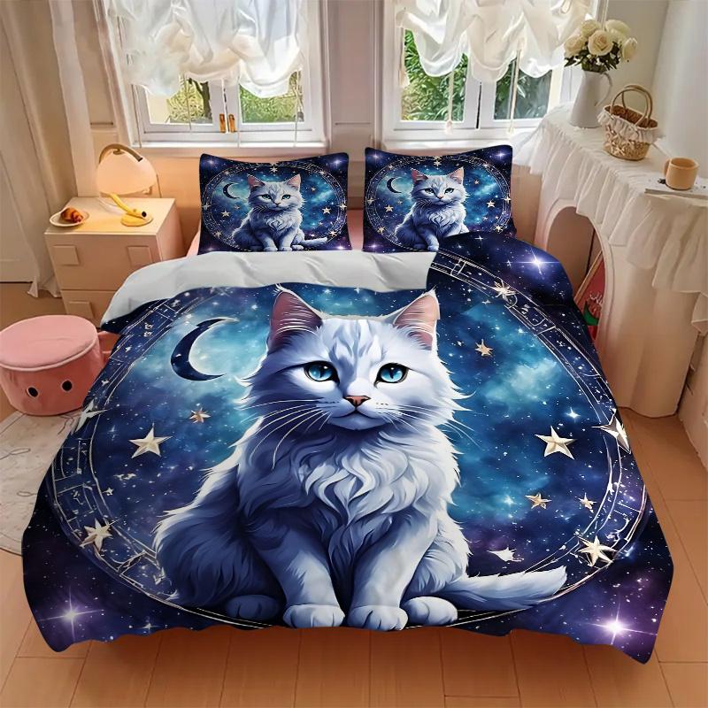 3pcs Starry Cat Design Bedding Set - Includes Quilt Cover and Pillowcases, Suitable for All Seasons, Machine Washable - Ideal Gift for Famil