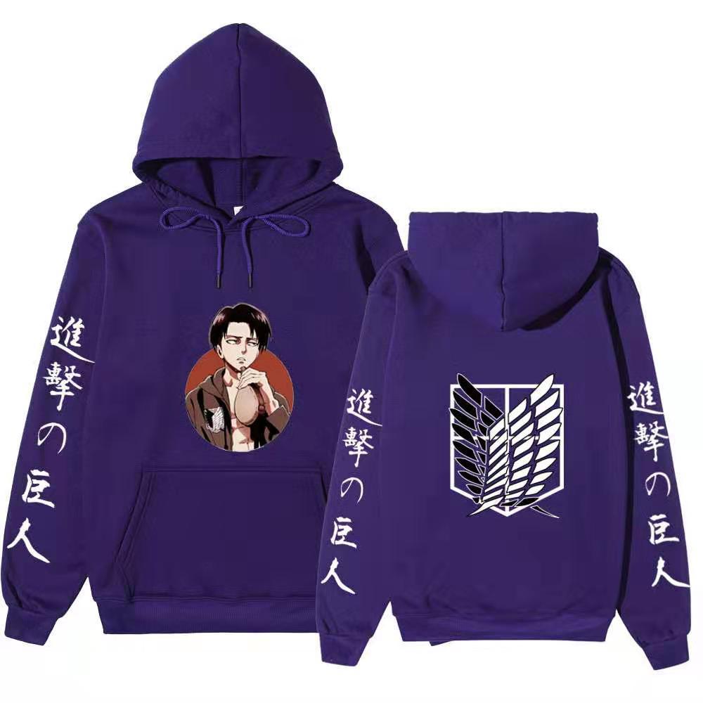 Attack On Titan Levi Ackerman Hoodie Unisex Fleece Sweatshirt, Front Character Print, Back Wings Logo, Japanese Sleeve Text, Autumn Winter Pullover
