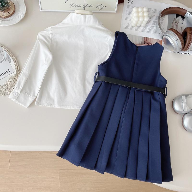 Girls' College Style Embroidered Vest & Pleated Dress with Long Sleeve Shirt