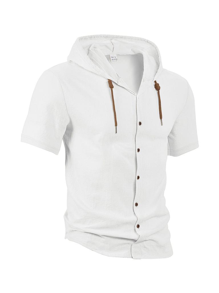 American Linen Men's Shirt, Fashionable and Casual Summer Breathable Thin Hooded Short-sleeved Cardigan Jacket