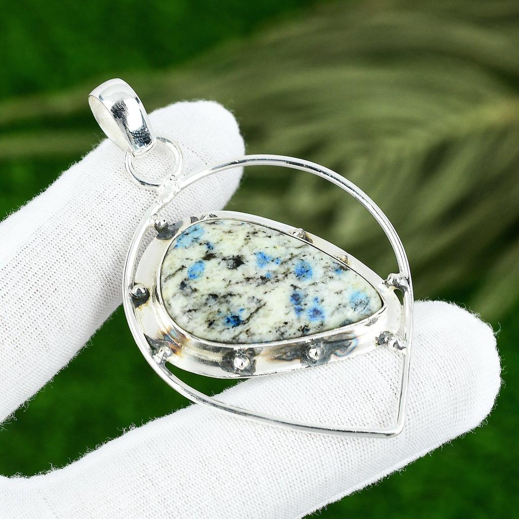 Sterling Silver Natural K2 Jasper Wedding Wife Bezel Art Deco Elegant Pendant