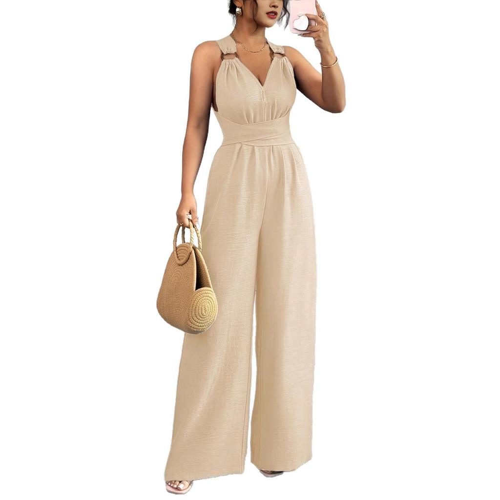 European Women's 2025 V-Neck Backless Cross-Waist Wide-Leg Jumpsuit