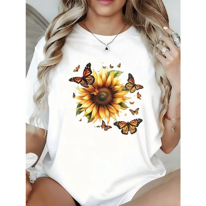 T-shirt Imprimé Papillon Monarque Tournesol pour Femme Col Rond Manches Courtes Style Bohème Pop Art Printemps Automne Décontracté Idéal pour Superposer Lavable en Machine Top