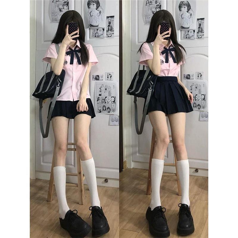 Women's Pink Japanese College Style Short Sleeve Shirt