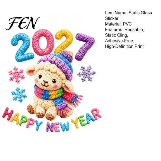 Winter Theme Window Decals Chinese New Year Stickers, 2027 Goat Static Clings, Reusable Removable Art Crochet Knit Lamb Decals, Decor for Home
