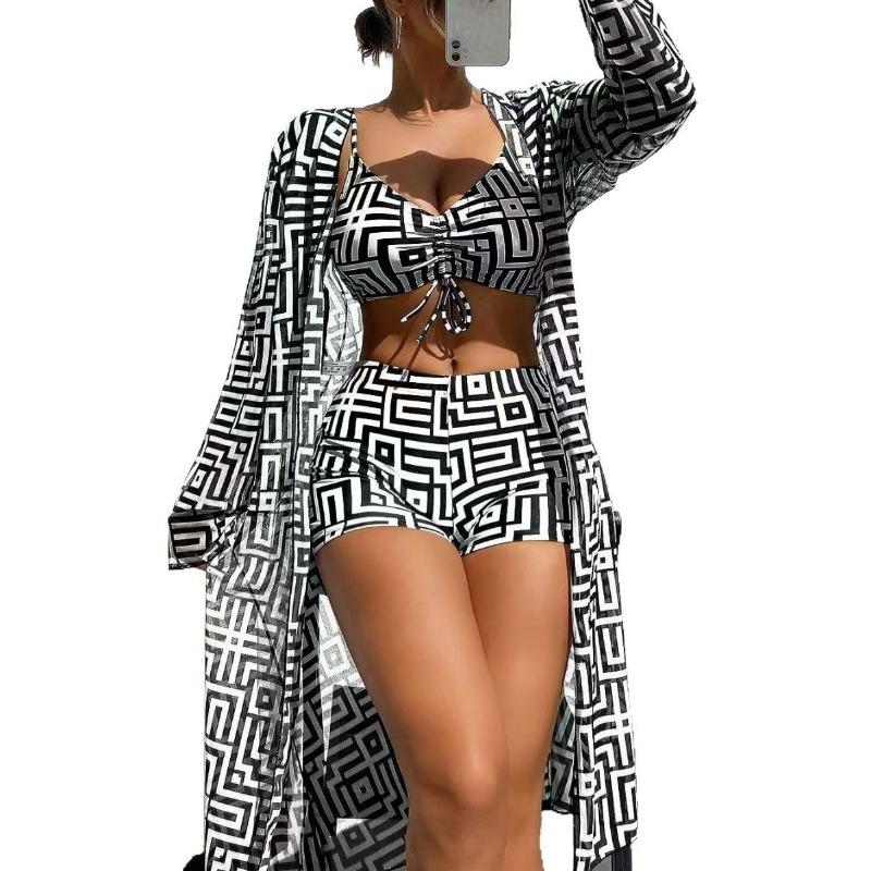 New European and American Women's Split Swimsuit Blouse Three-piece Gather Beach High-waisted Bikini