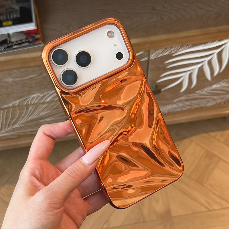 Plating Cosmic Orange 3D Water Ripple Pattern Case For iPhone 17 Pro Max 16 15 Air 14 13 12 11 Fashion Phone Back Cover