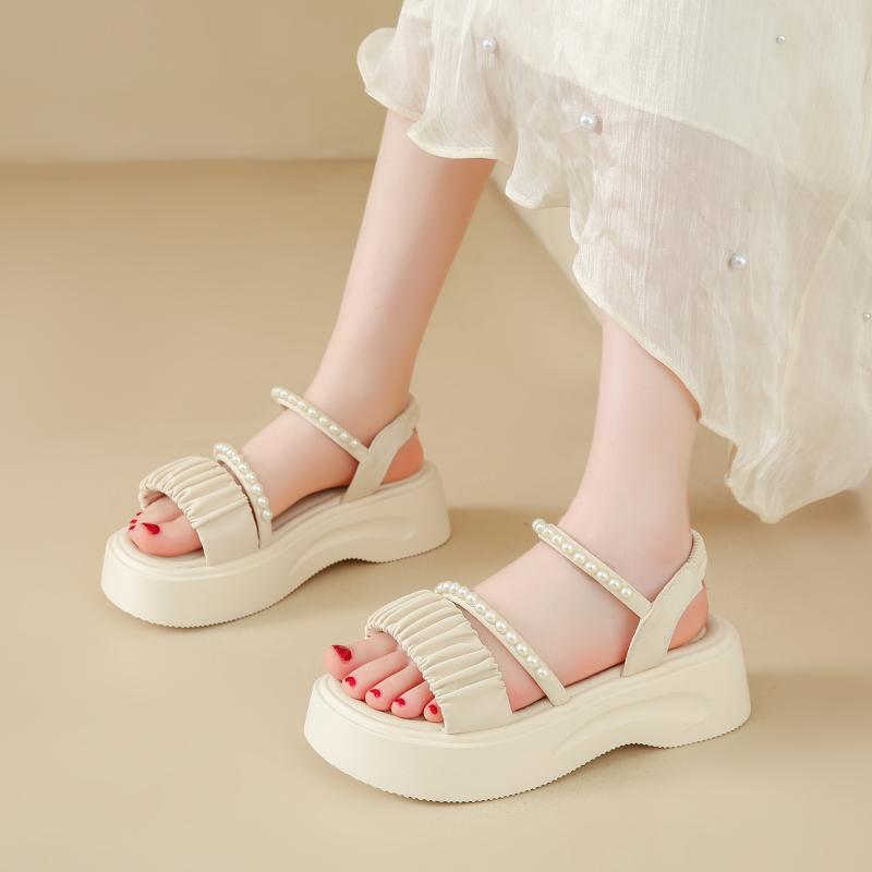Sandali Beige con Tacco Scarpe Estive Primavera 2025 Zoccoli Zeppa Muffin Scarpa Nero Medio Spesso Comfort Ragazze Nuovi Piattaforma Spiaggia Moda