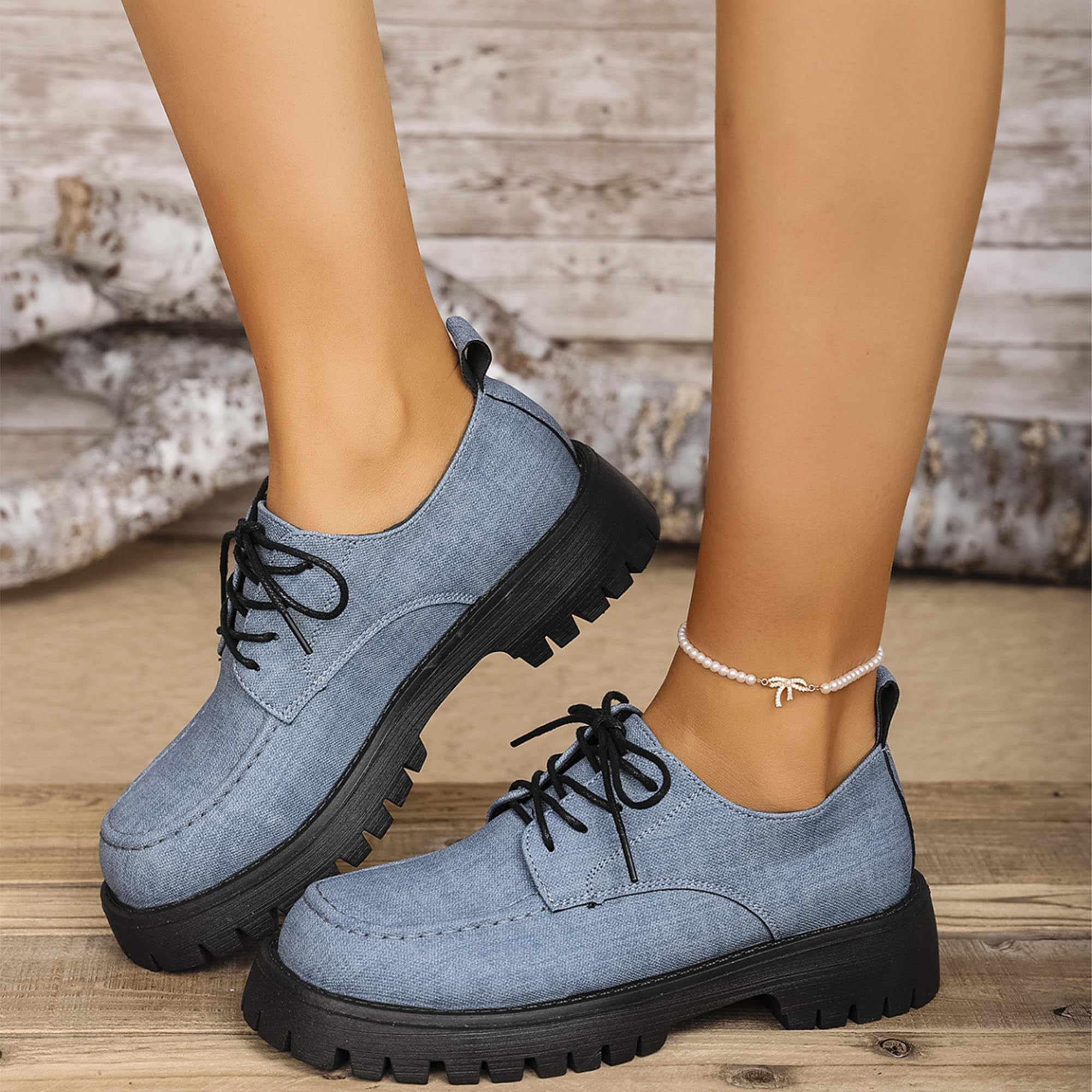 Women s Lace-Up Denim Chunky Loafers Retro Round Toe Chunky Heel Non- Lightweight Dress Loafers Suitable for Casual Work Walking 42 синий 2250₽