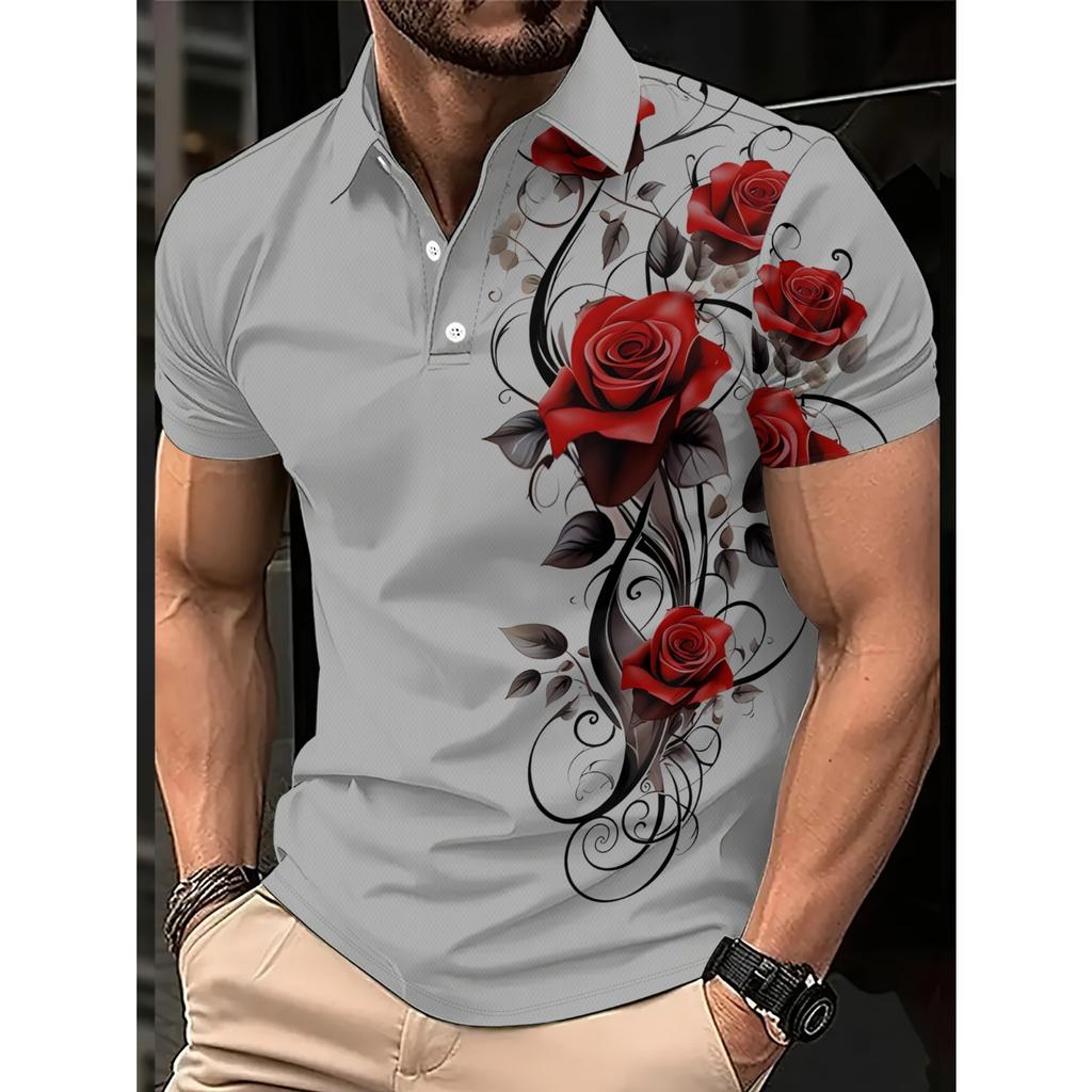 2026 Summer Men's Polo Shirt with Rose Flower Print Breathable Lightweight Casual and Fashionable Men's Clothing
