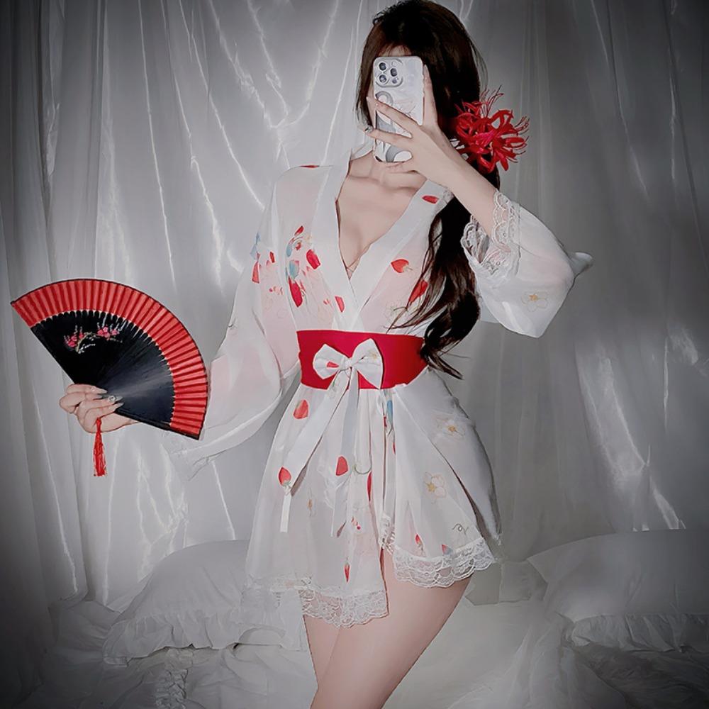 Sexy Lingerie Pure Desire Thin Perspective Strawberry Kimono Seduction Hot Pajamas Bed Passion Uniform Set