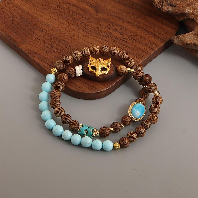 Natural Sandalwood Beaded Double Circle Bracelet, Good Luck, Exquisite Blue Water, Jade Lucky, Nafu, National Style Transfer Bead Bracelet Batch