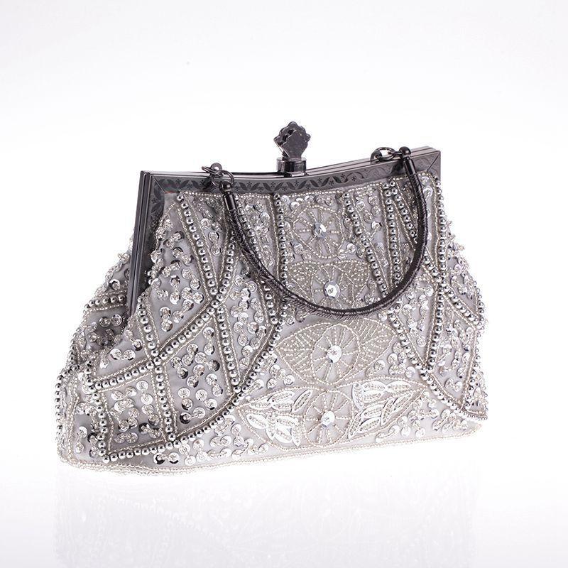 

Women s Vintage Floral Beaded Rhinestone Embroidery Clutch Crossbody Bag with Chain Evening Handbag for Wedding Party Evening Clutch Bag for Women one size серебряный