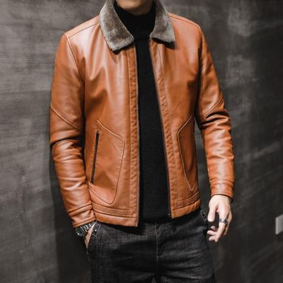 Pánská zimní kožená bunda s klopou a plyšovou podšívkou - Hrubá kožešina, Jednodílná, Velké velikosti, Trendy design 2019