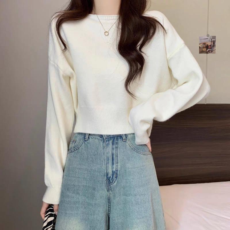 

Autumn and winter new comfortable soft waxy sweater women s solid color casual versatile short knitted sweater jumper One Size