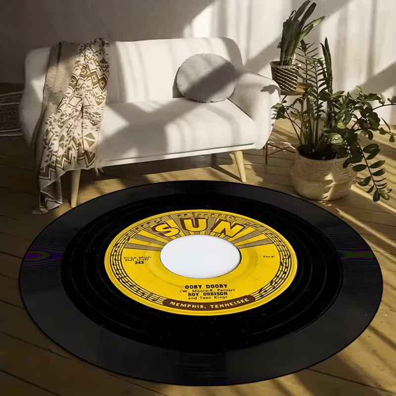 Tapis Vinyle Rétro Tapis Rond pour Salle de Musique, Salon, Chambre, Bureau Décoration de Maison Tendance
