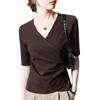 Women's New European Style European Women's Cross-neck Solid Color Cotton T-shirt Pleated Waist Five-quarter Sleeve Top