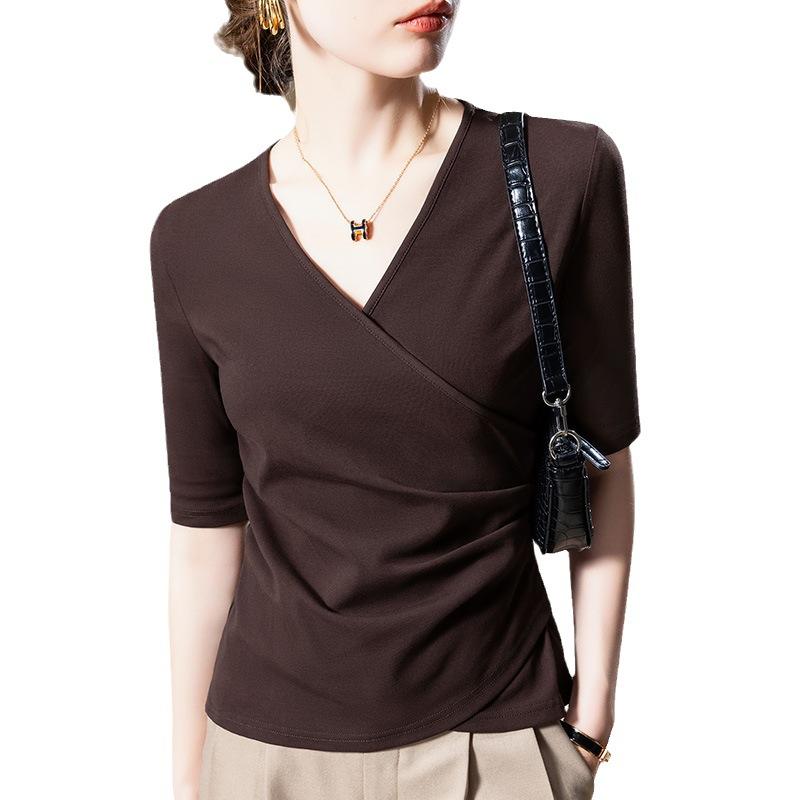 Women's New European Style European Women's Cross-neck Solid Color Cotton T-shirt Pleated Waist Five-quarter Sleeve Top