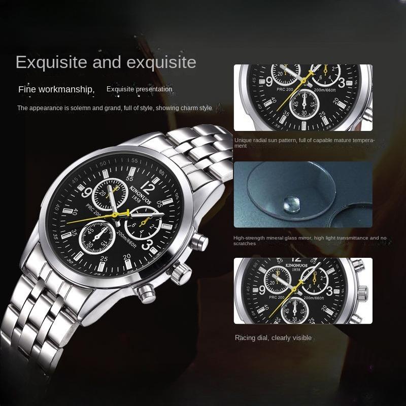 KINGNUOS Ultra Slim 3-Augen-6-Zeiger-Stahlarmband, wasserdichte Stahlarmbanduhr, blaue Glasuhr