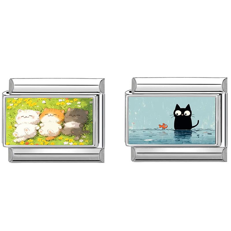 1/2pcs Cute Cat Looks at the cake Italian Charm Links Beads Fit 9mm Stainless Steel Modular Bracelet Jewelry Gift