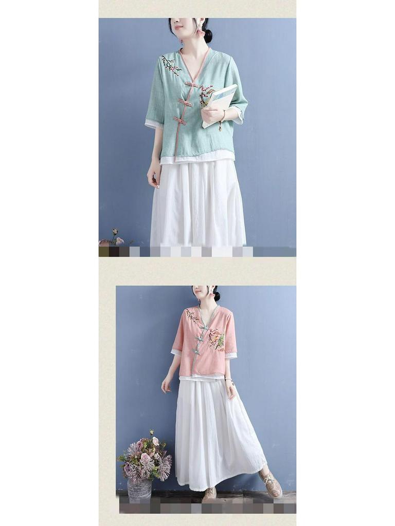 Women's Ethnic V-Neck Embroidered Cotton-Linen Cardigan Top and Mid-Sleeve Tea Dress