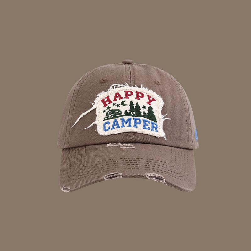 Happy Camper Patchwork Baseball Cap  Adjustable Snapback Lightweight Polyester Distressed Design with Forest  Campfire Graph