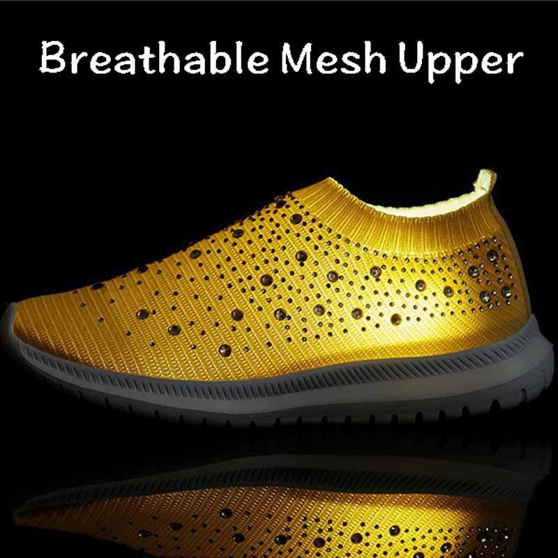 Fashion Women Flat Shoes Knitted Shoes Breathable Mesh Sneakers Crystals Sparkly Sock Shoes Casual Lightweight Walking Shoes