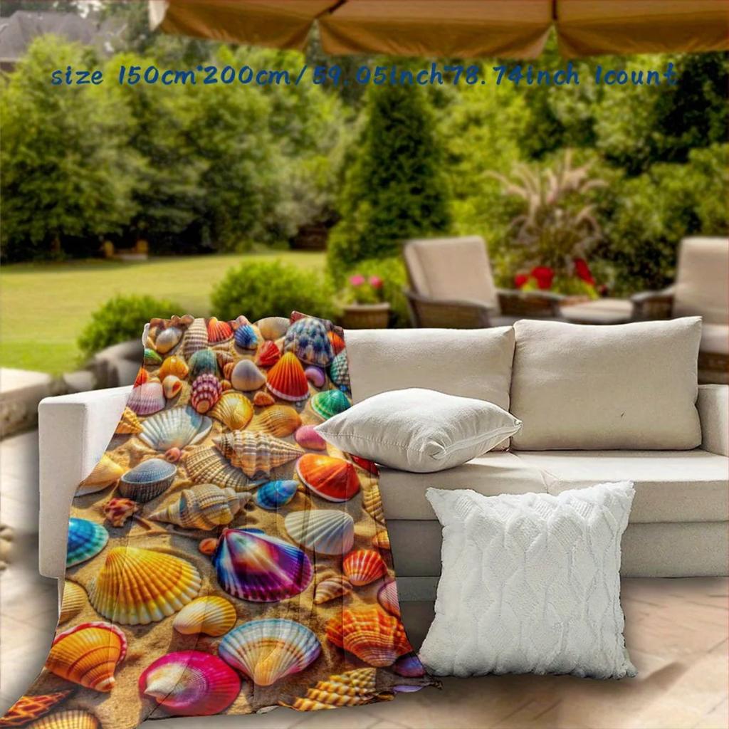 flannel blanket with beach, ocean, starfish, and seashell design - perfect for beds, sofas, offices, travel, decora