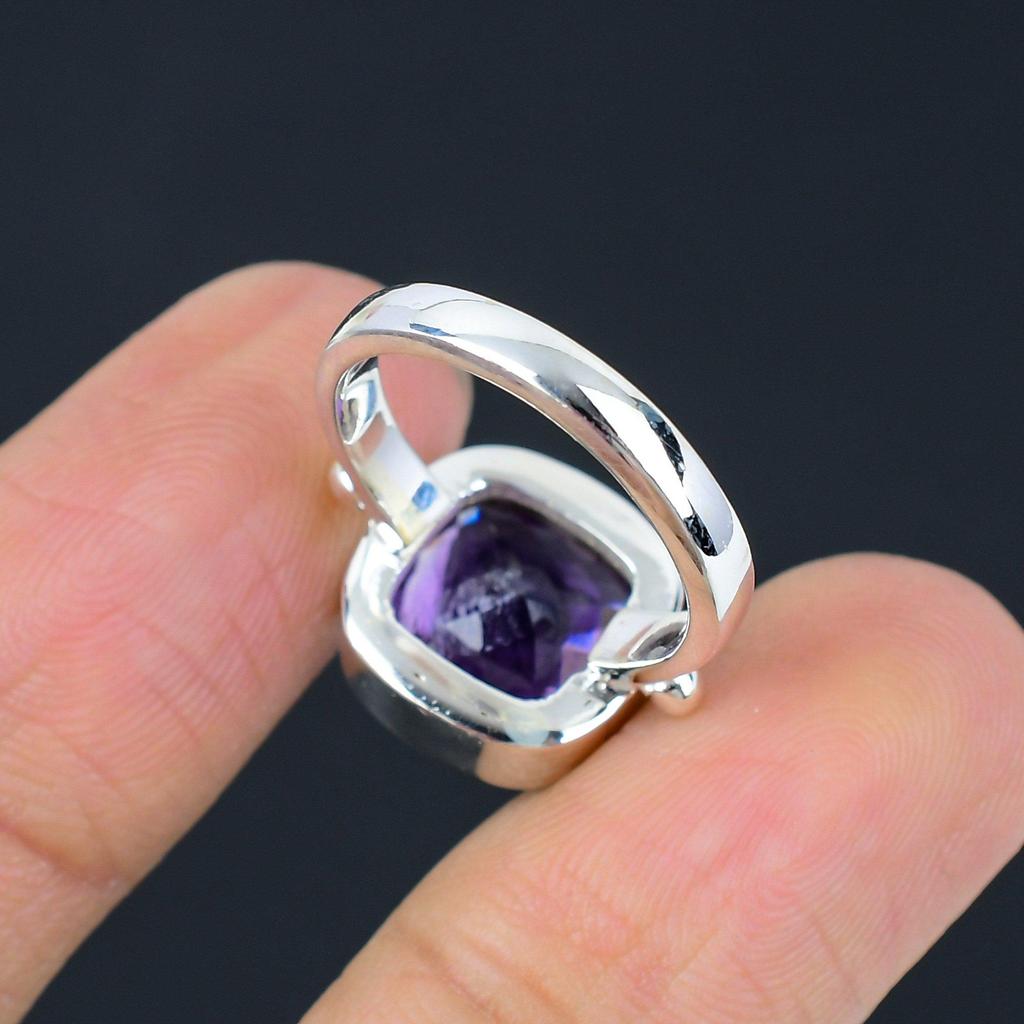 Natürlicher facettierter Amethyst-Edelstein aus massivem 925er-Sterlingsilber mit Karoschliff, handgefertigter Edelstein-Ring-Schmuck für Frauen und Mädchen