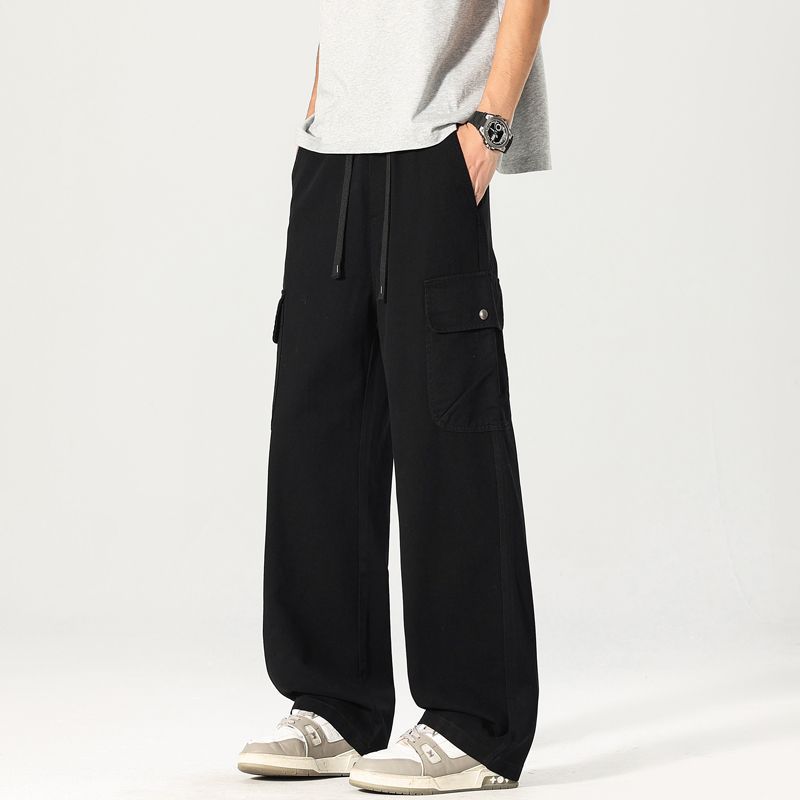 Spring and summer new pure cotton loose straight tooling wide-leg army green casual pants men's very light pants