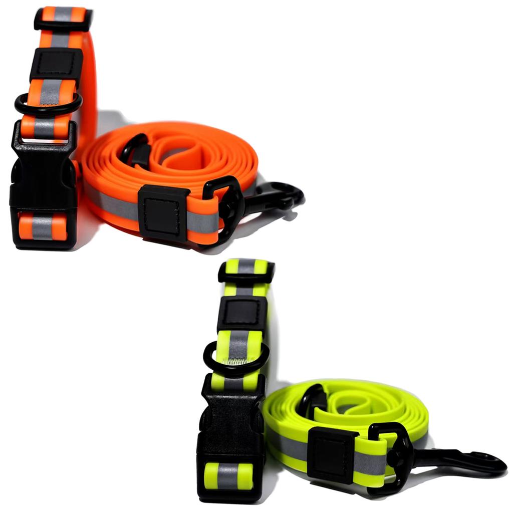 Reflective Strip Waterproof PVC Adjustable Dog Collar Leash Set with 360 Rotatable Zinc Alloy Buckle Night Visible