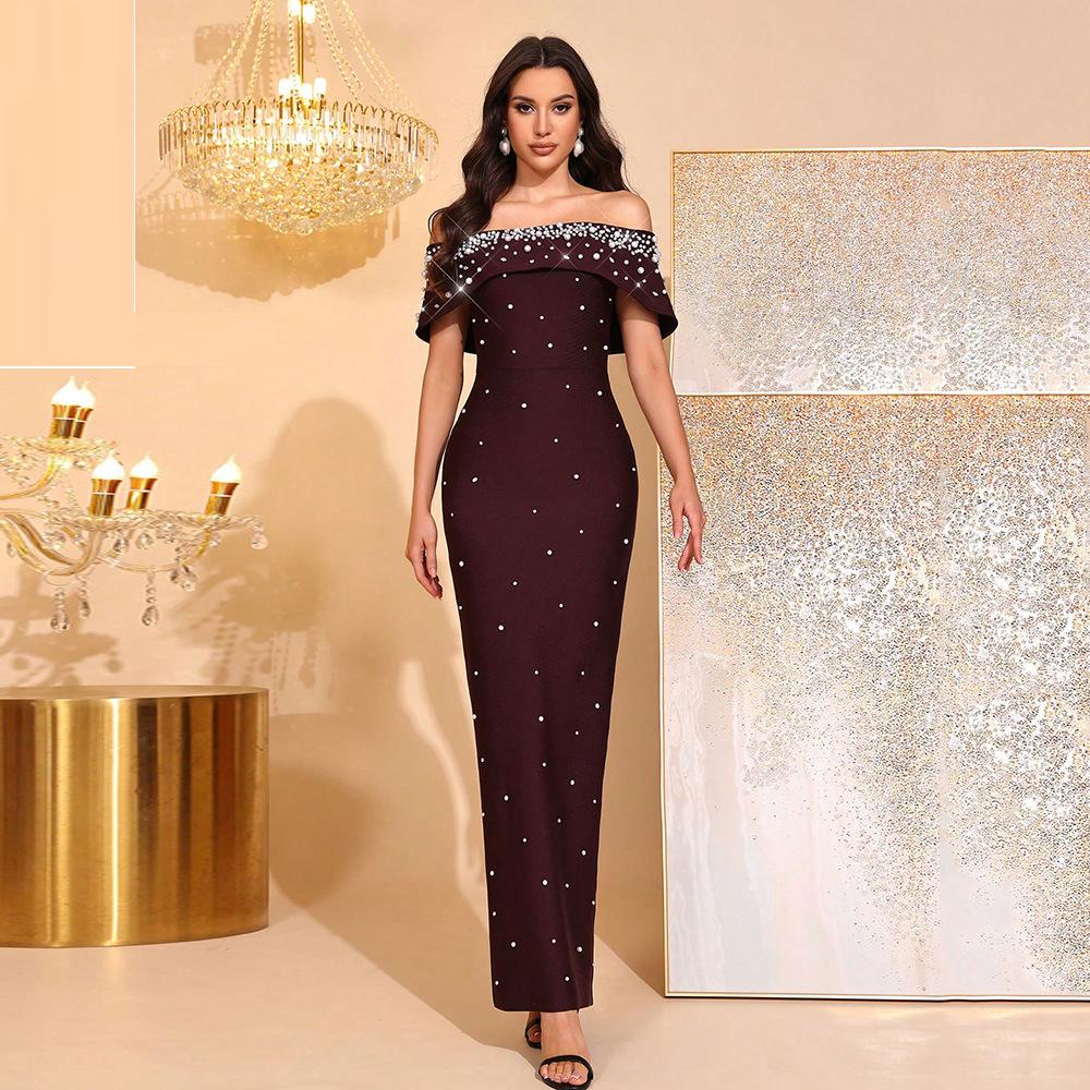 Elegant Pearl Beaded Rhinestone Off-Shoulder Bodycon Bandage Evening Dress