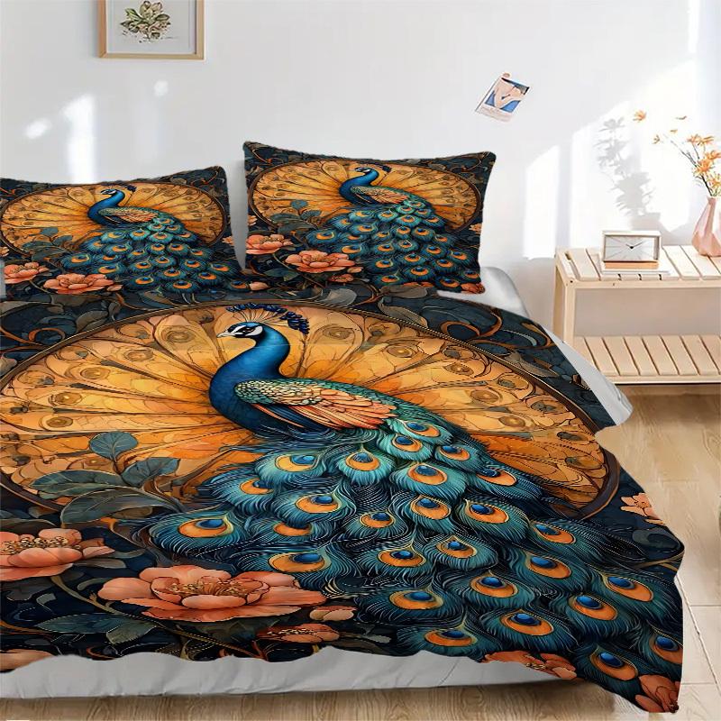 

3pcs Peacock Feather Print Duvet Cover Set - Machine Washable, Includes 1 Cover and 2 Pillowcases, No Core Included yy251013141 135x200cm