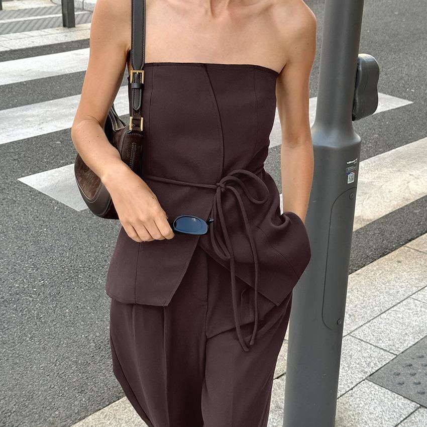 Spring and summer dark brown retro style tube top design feeling off-the-shoulder lace-up top trousers two-piece set European and American fashion