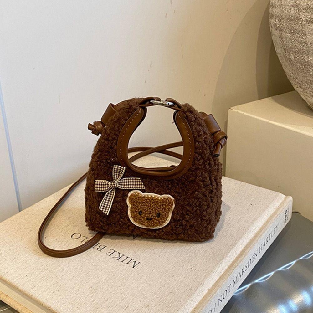 Thickened Cute Crossbody Bag Cartoon Lamb Wool Bear Bow Handbag Shoulder Pouch Purse Mini Shoulder Bag Women