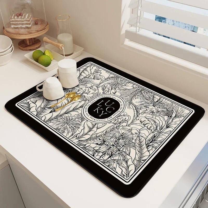 Kitchen Drain Mat Absorbent Coffee Drying Pad  Retro Tableware Placemat Printed Cup Dish Drying Drainer Mats Dinnerware Placemat