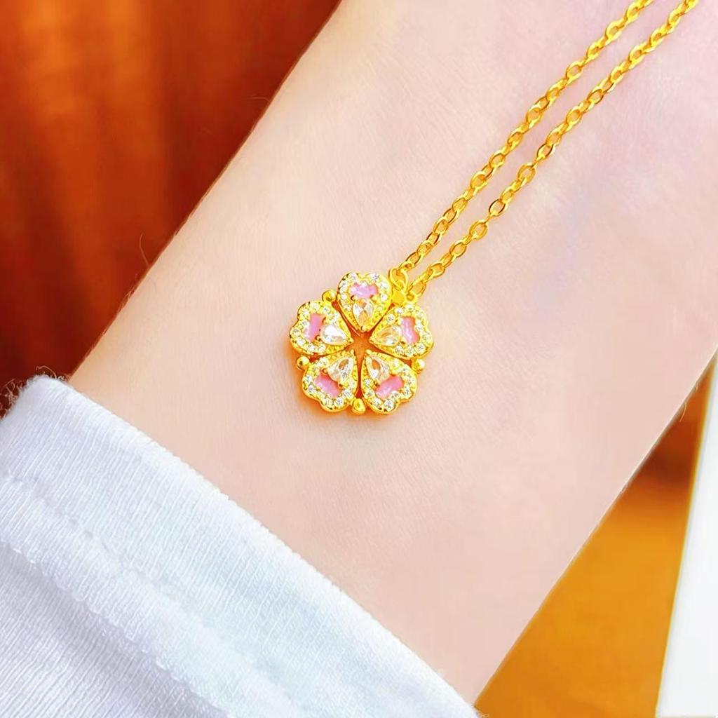 Gold Shop Style Peach Blossom Necklace: Magnetic Flower Pendant, Foldable Pink Clavicle Chain, Perfect Gift for Her.