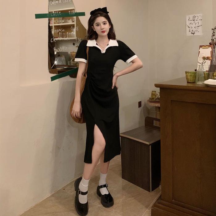 

New sweet contrasting color polo neck dress women s summer design feeling pleated slim slim slim split skirt 2XL чорний