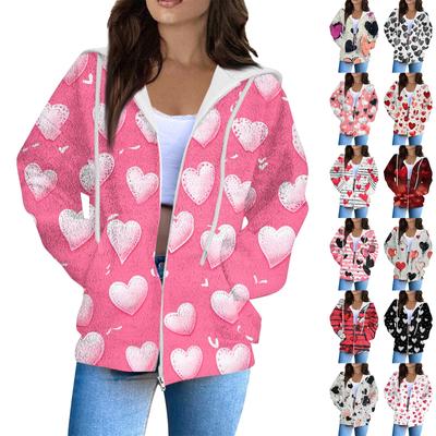 Women's Fashion Casual Long Sleeve Valentine's Day Print With Pocket Zipper Cardigan Jacket