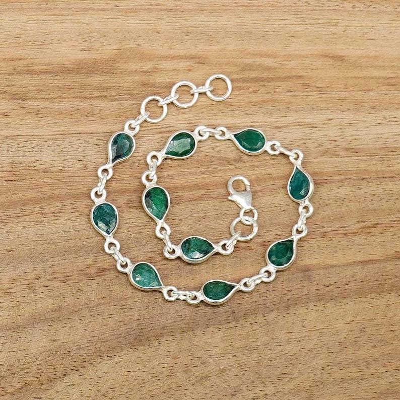 

Solid 925 Sterling Silver Dyed Emerald Gemstone Handmade Designer Boho Bracelet Charm Jewelry 7 inch