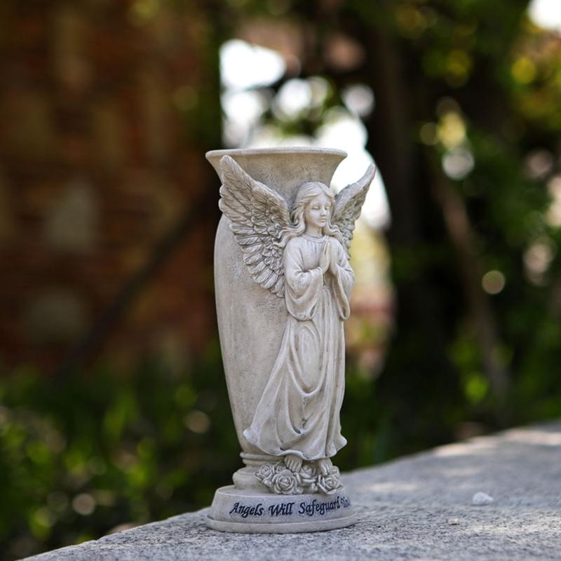Cemetery Vases Praying Angel Sculpture Ornament Resins Outdoor Decors Flower Holder Pot For Memorial Garden Grave Site