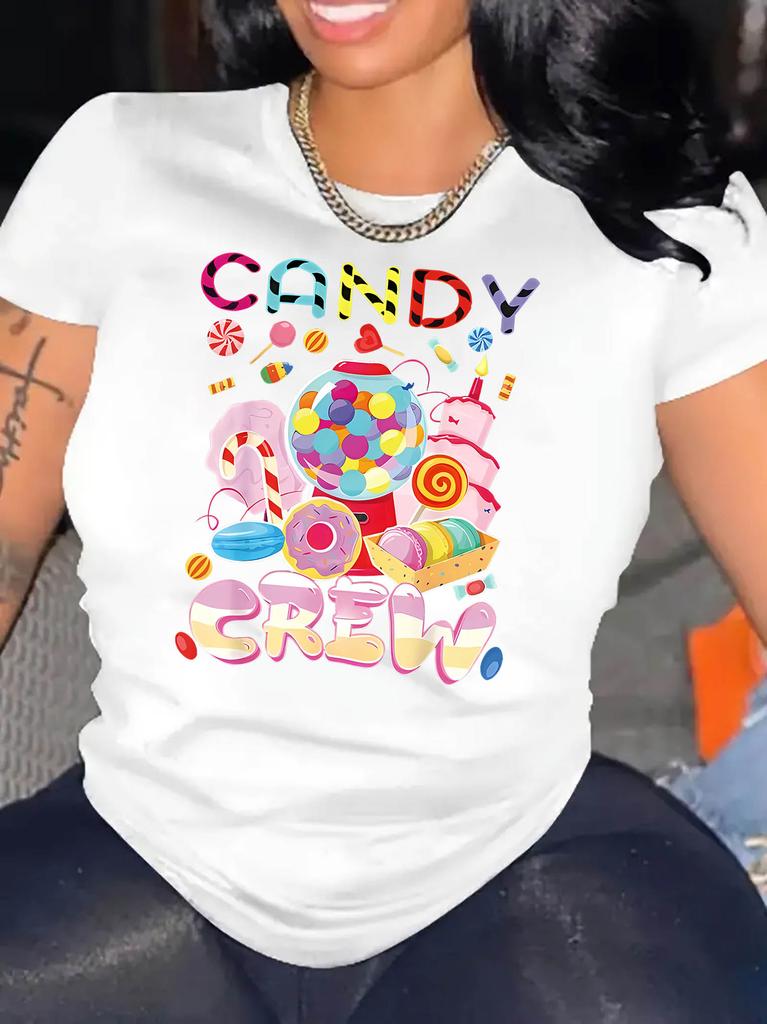 Damen Süßigkeiten Grafikdruck T-Shirt Schwarz Lässig Kurzarm Rundhals T-Shirt mit Buntem Süßigkeiten Design Kleidung Baumwolle
