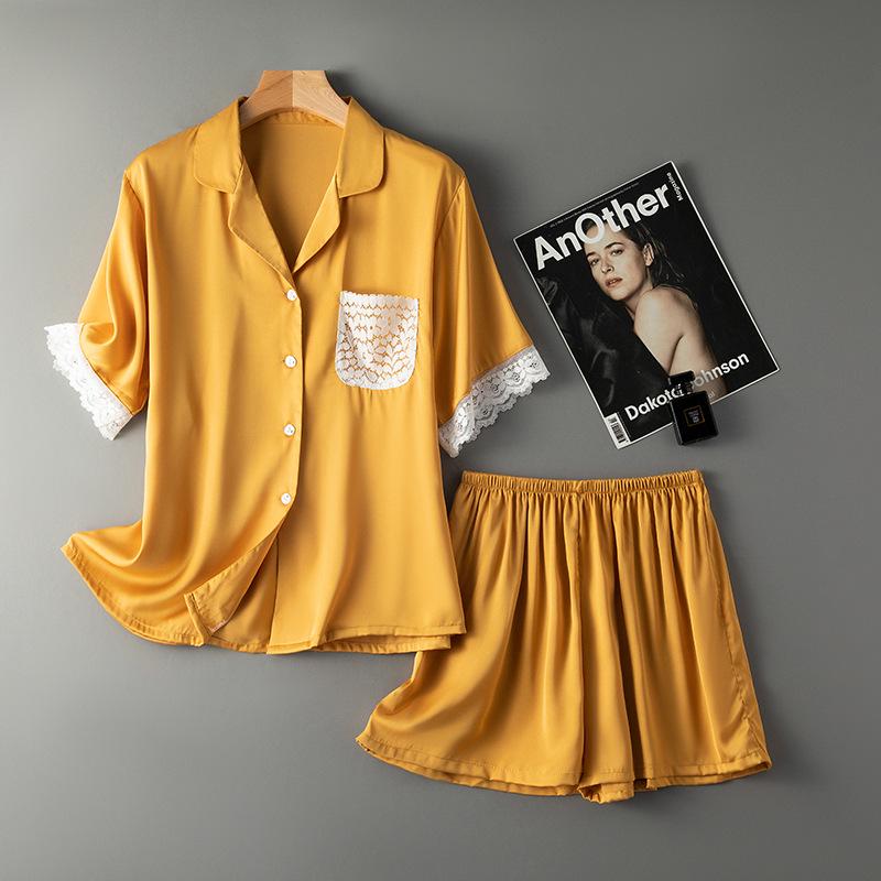 Nude Pink Silk Satin Women's Pajama Set - Short Sleeve & Shorts with Lace Trim