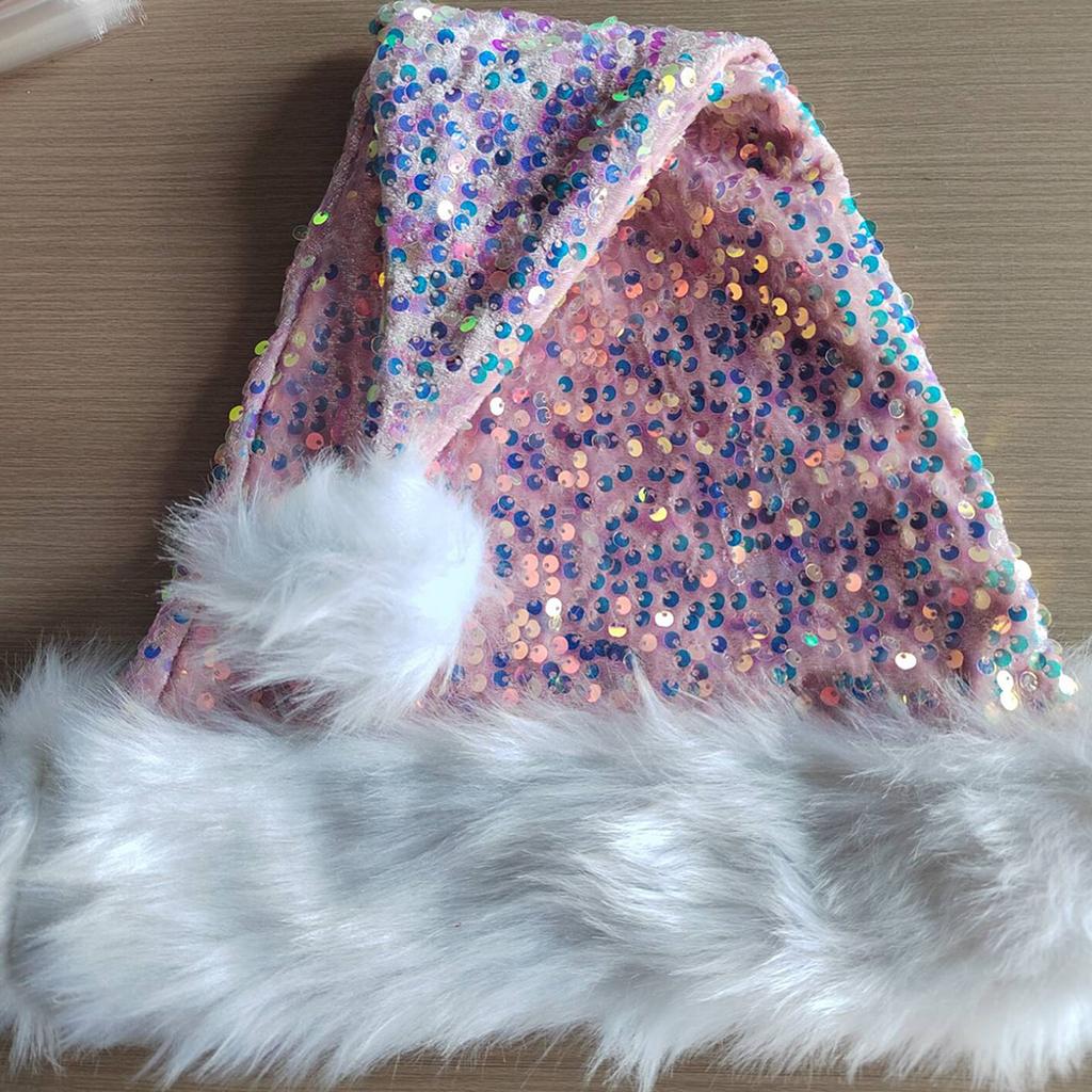 Plush Christmas Santa Hat with Sequins White Brim for Holiday Parties Giving Love New Year Party Cosplay Accessories