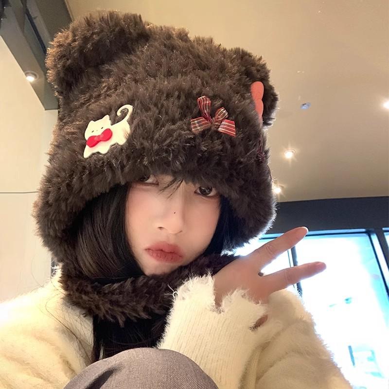 Cute bow bear cat plush hat female autumn and winter show small face warm ear protection big head circumference hat