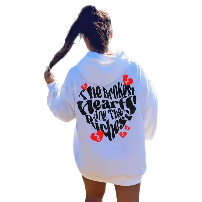 2025 New European Women's Drop Shoulder Ribbed Hoodie Sweatshirt with Print
